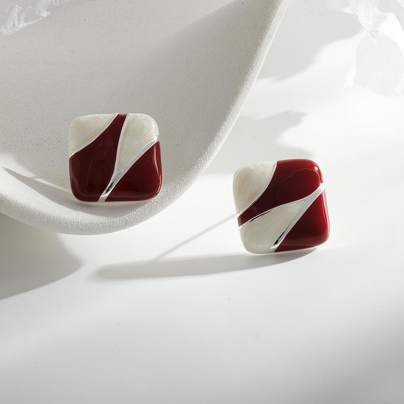 Ankara Red Color Blocked Square Elegance Stud Earring for Women Korean Sweet Ear Wedding Party Jewelry