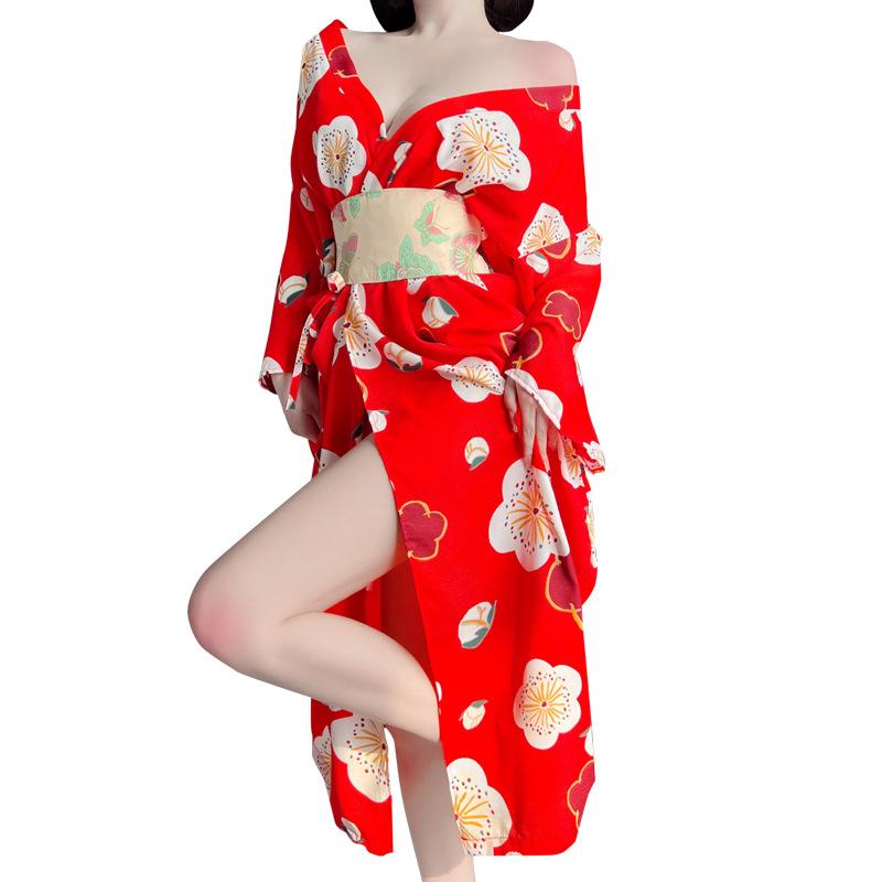Japanese Kimono Cherry Blossom Print Cosplay Cos Stage Performance Suit Long Deep V-made Costume