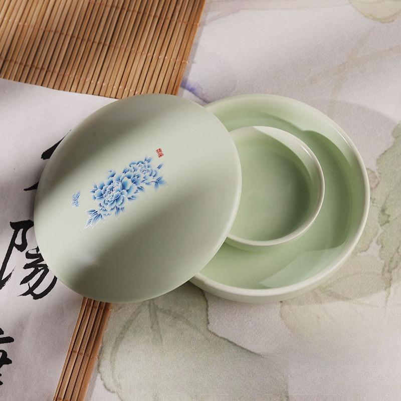 

Ceramic Inkstone Double Ring with Cover Ceramic Inkstone Student Multifunctional Ink Disc Four Treasures of The Study