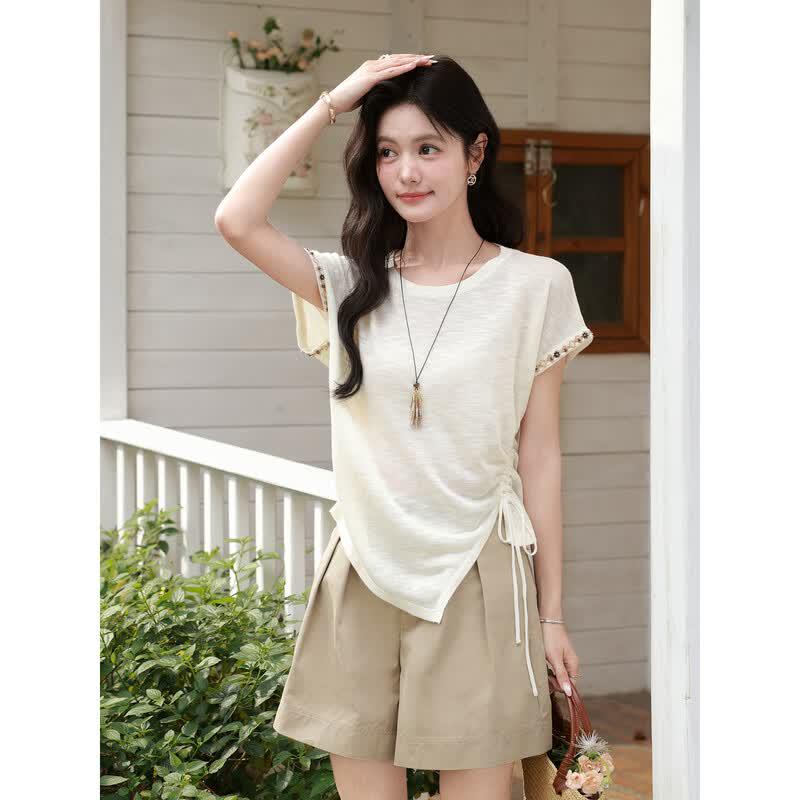 Women s Apricot Short Sleeve Round Neck Knit Top S