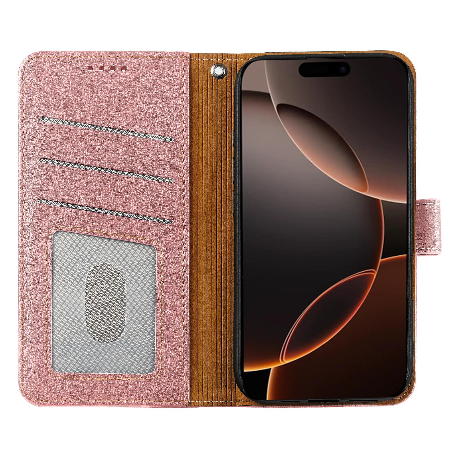 

For iPhone 14 Pro Leather Case Litchi Texture Wallet RFID Blocking Phone Cover Rose Gold