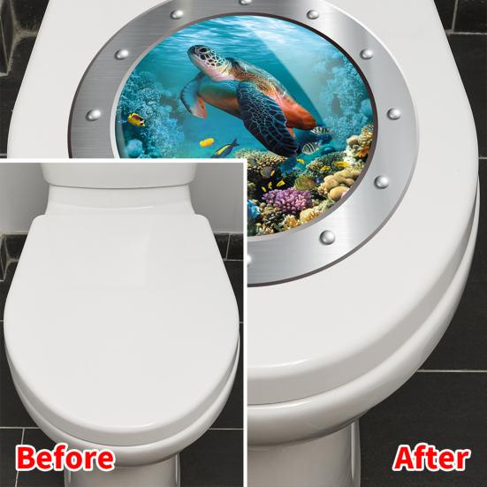 3D Meeresschildkröte Toilettenaufkleber Unterwasser U-Boot Fenster Muster Selbstklebender Toilettendeckel Aufkleber Wasserdichter Badezimmer Wandaufkleber für Badezimmer Schlafzimmer