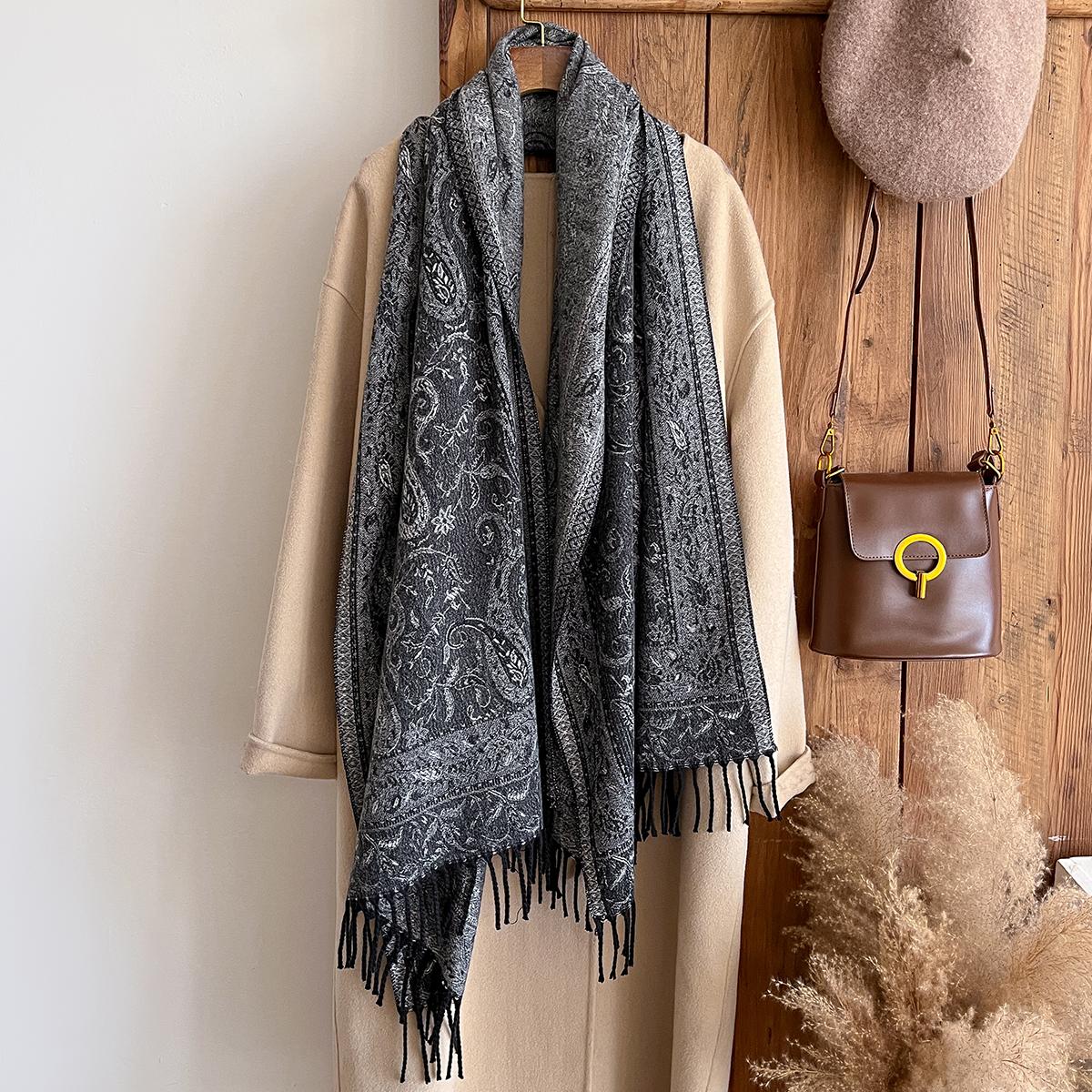 

Fashion Winter Cashmere Shawl For Women - Tasseled Vintage Floral Printed Oil Painting Style Pashmina Thick Scarf & Poncho