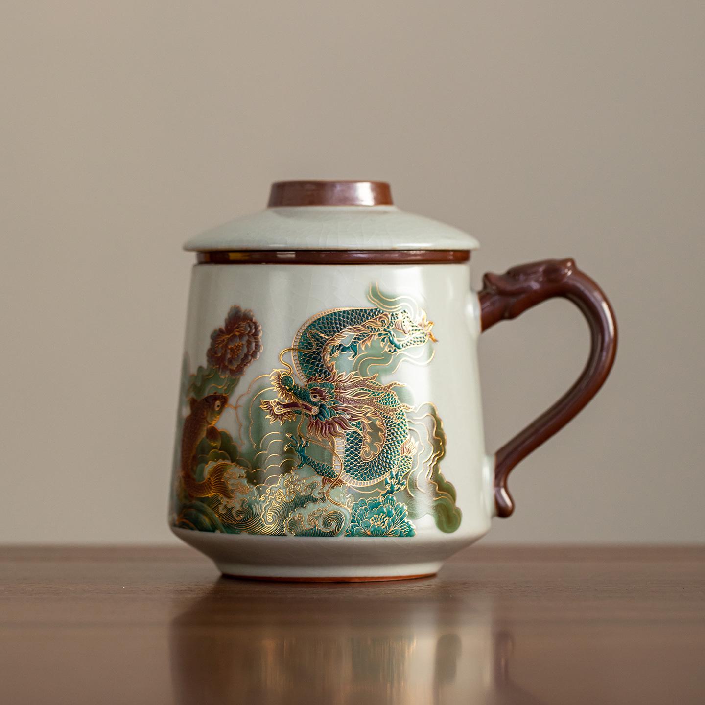 Dragon Gate Ru Kiln Ceramic Tea Cup with Lid & Separator - Large Capacity Other