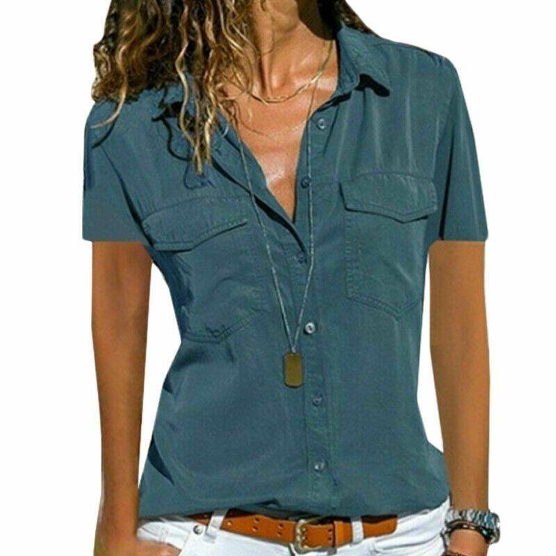 Women V Neck Short Sleeve Shirt Blouse Ladies Summer Tshirt Tops Tee Size Plus