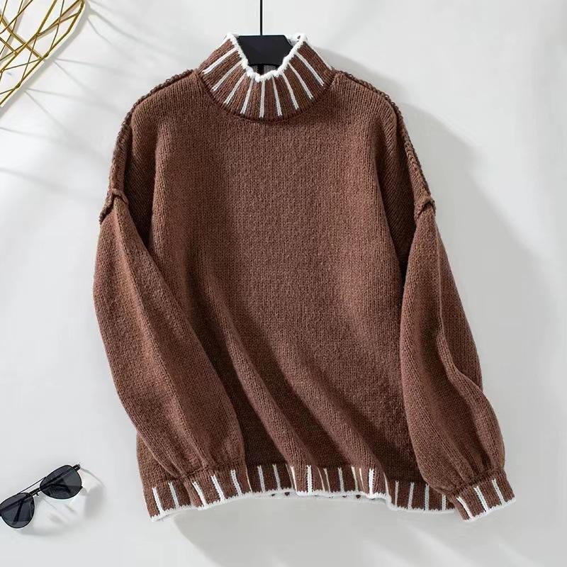 Autumn Winter Vintage Loose Long Sleeve Top Multicolor Pullover Knitwear Stand Color Sweater