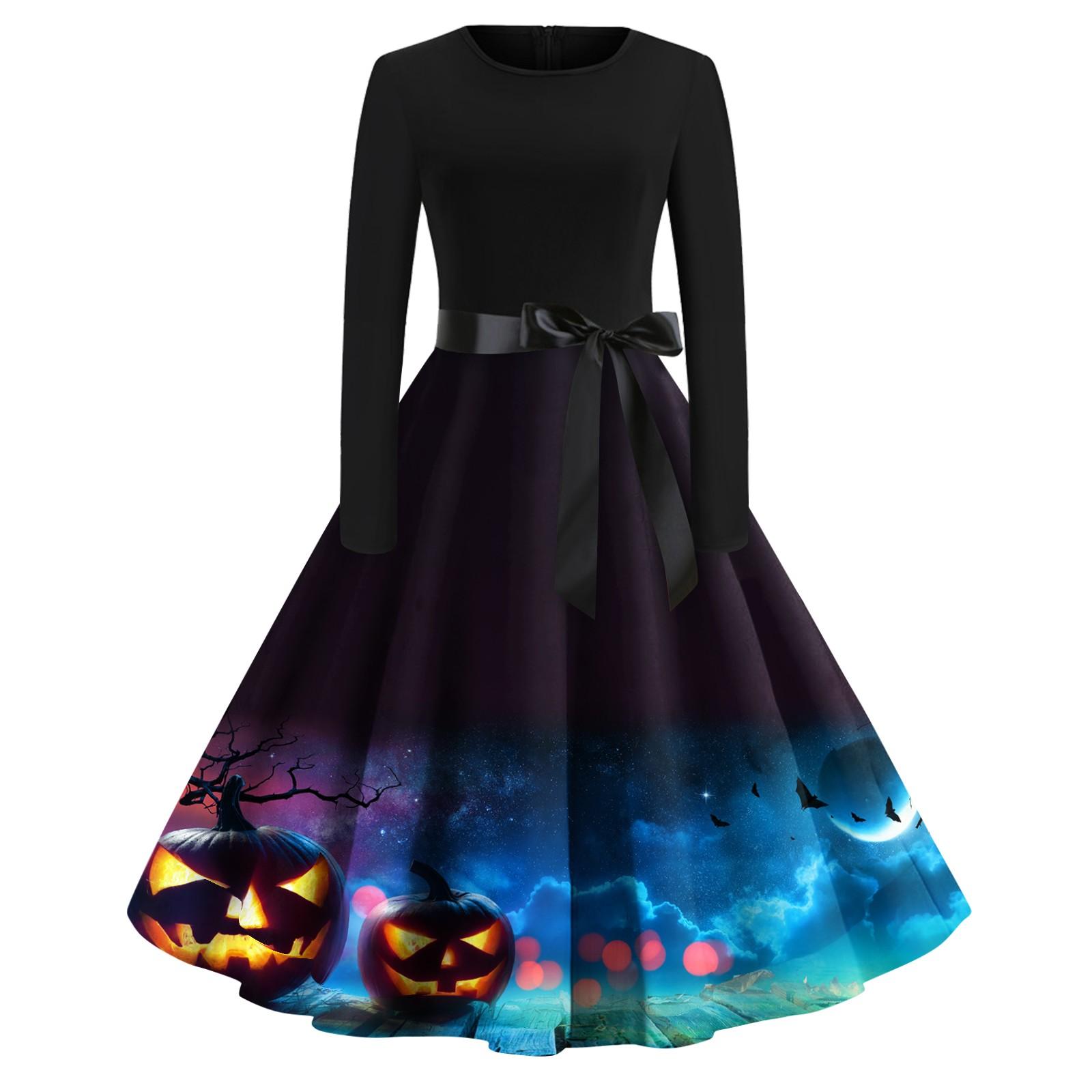 

Halloween Print Flare Dress For Women Long Sleeve Dress Party Casual Dresses Christmas XXL