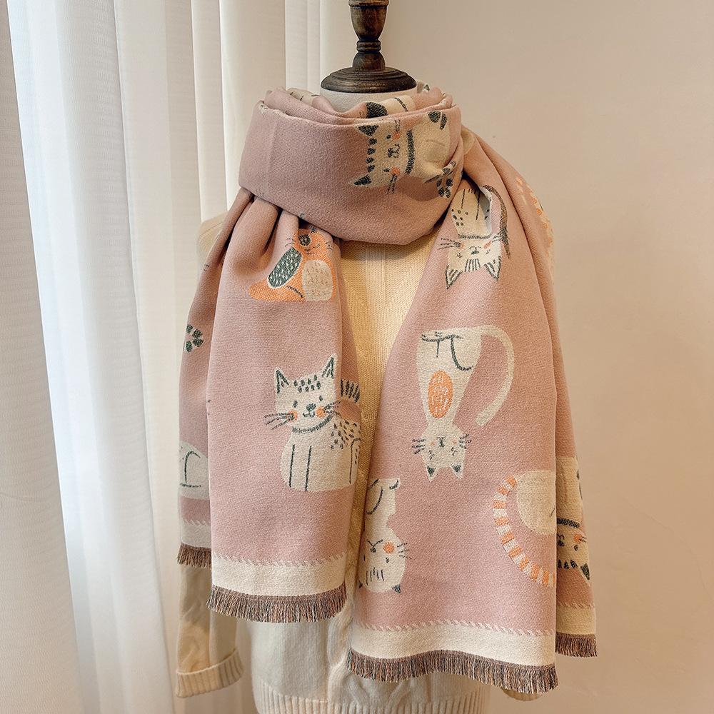 New Double-sided Contrasting Color Jacquard Scarf Women's Winter Warm Fashion Shawl Outer Shoulder and Neck Protection