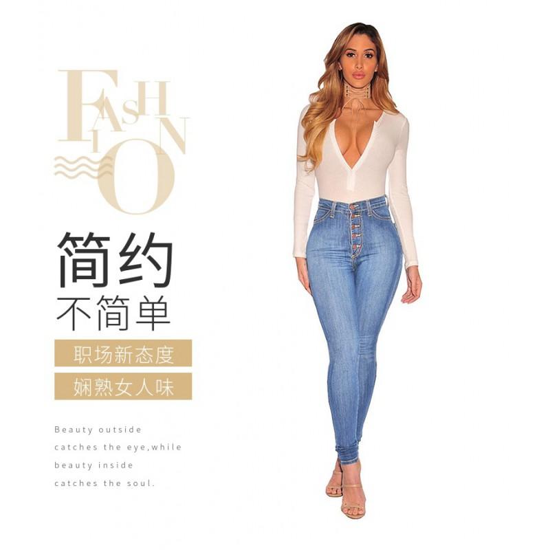 High Waist Stretch Denim Pants Women Slim Fit Pencil Jeans With Button Fly Elasticity Casual Office Wear