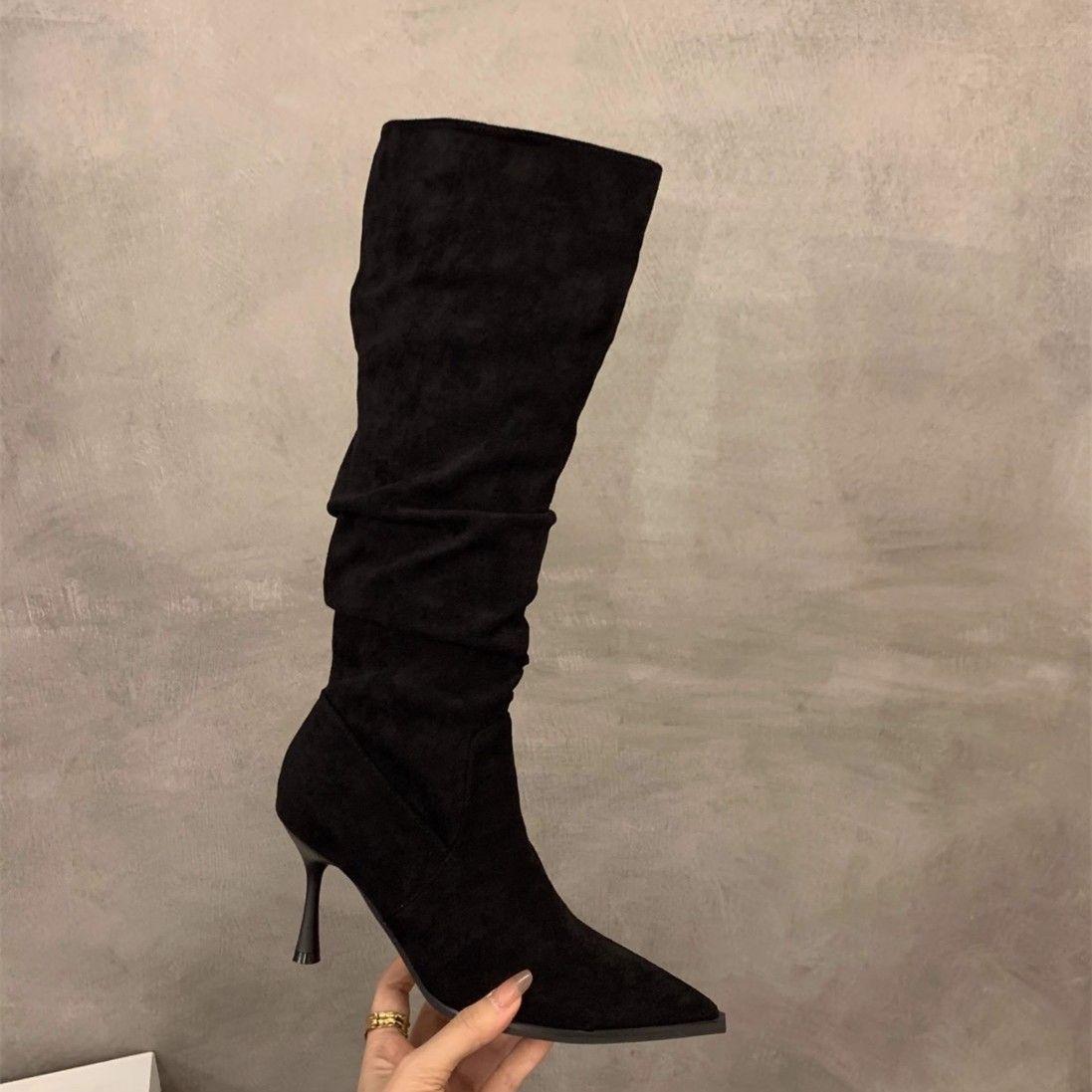 Skinny Pointed Pile Skinny Season Boots Women s Khaki Boots High Heel Pile Knight Suede Tube Shoes 35