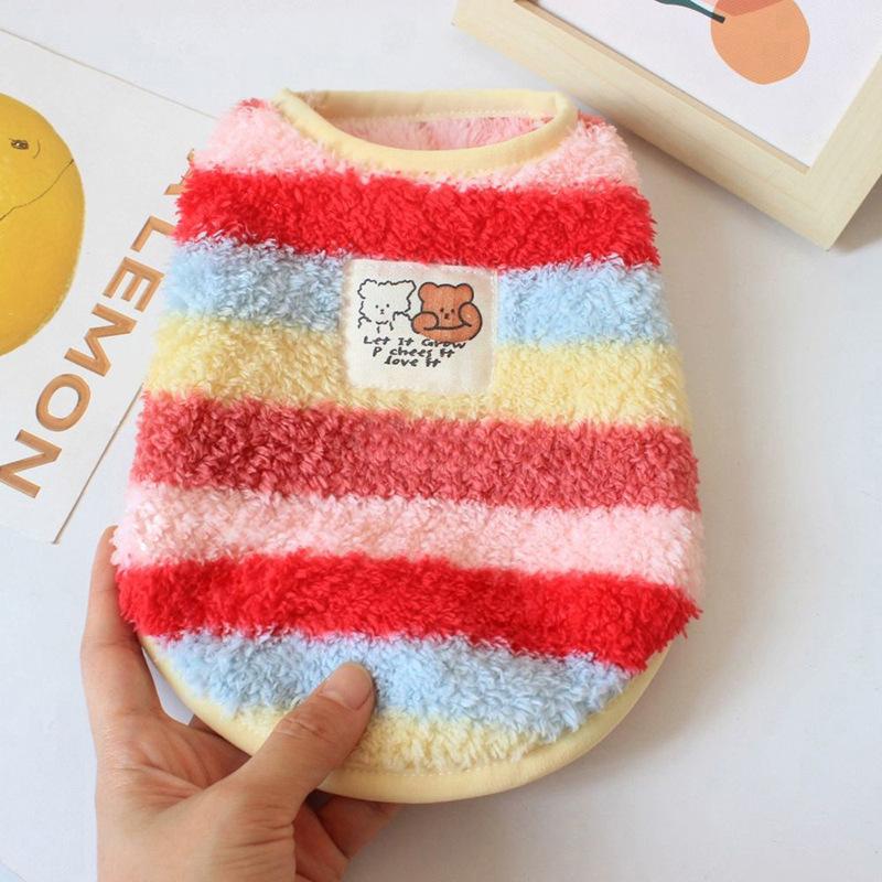 Dog fleece clothes autumn and winter rainbow candy striped than bear cat teddy small dog warm pet vest