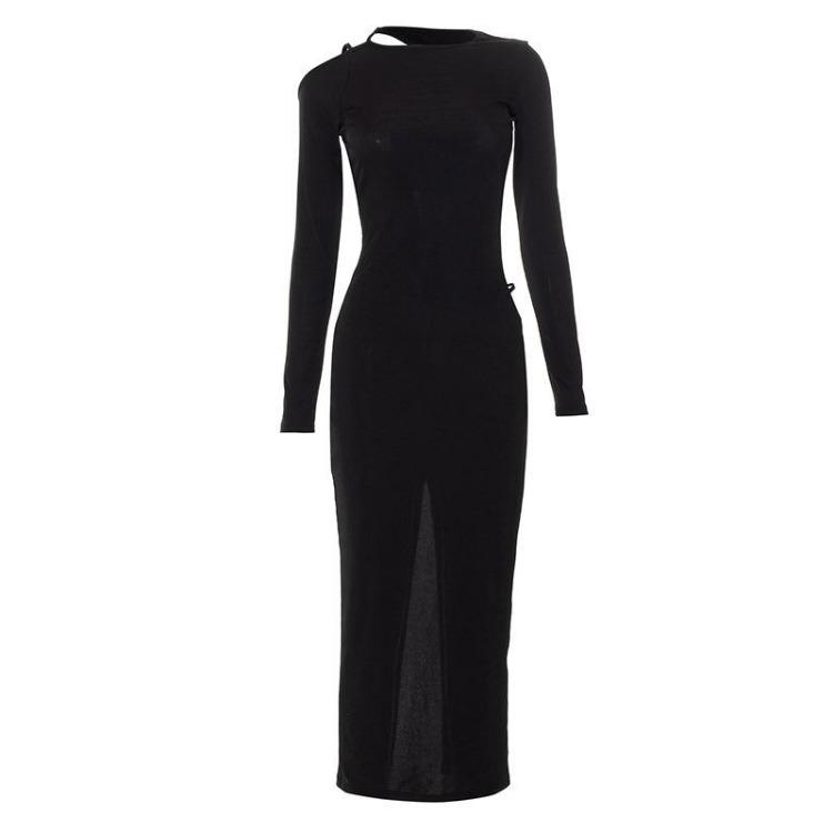 Elegante Vestido Midi Sexy sin Espalda con Aberturas de Manga Larga para Fiesta Club para Primavera Verano Caluroso