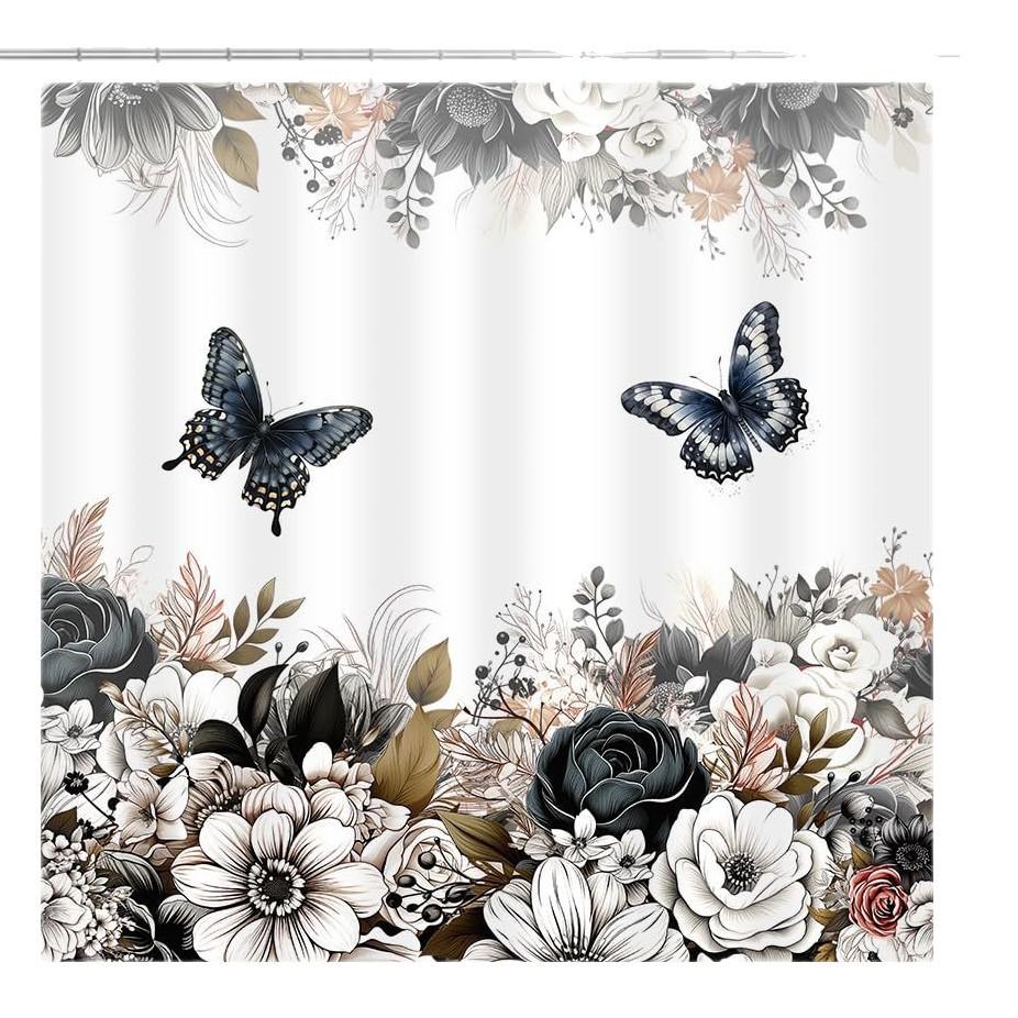 Black And White Flower Shower Curtain Flower Butterfly Shower Curtain With Hook Dark Flower Leaf Plant Bathroom Curtain Waterproof Shower Curtain