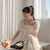 Black Dress Women's Summer New Coffee Break Dress Temperament Square Collar Knee Long Hepburn Style Small Black Dress