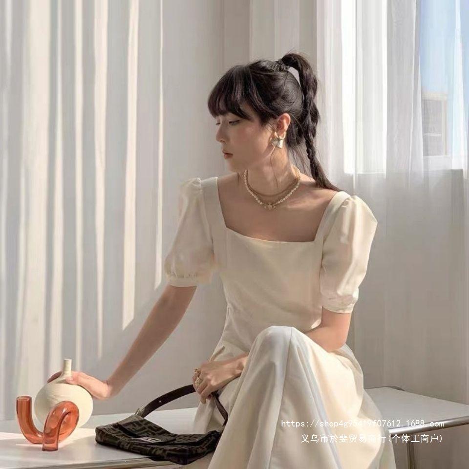 Black Dress Women's Summer New Coffee Break Dress Temperament Square Collar Knee Long Hepburn Style Small Black Dress
