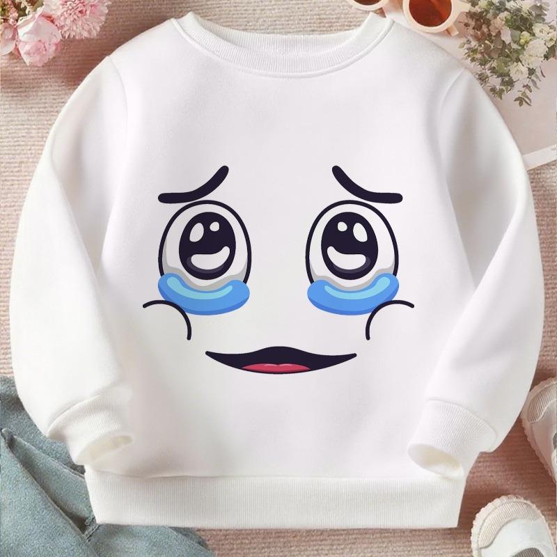 Kids Crewneck Sweatshirt, Cute Smiley Crying Face Tear Drop Graphic Print