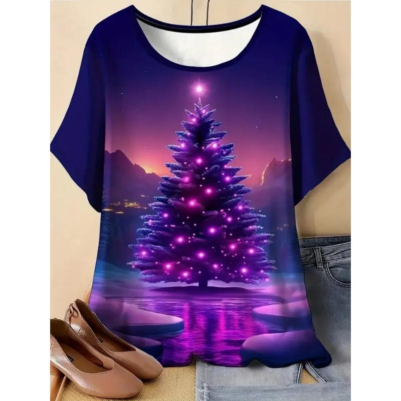 Moda para Mujer Cuello Redondo Manga Corta 3D Casual Estampado a Color Camiseta Casual de Manga Corta con Cuello Redondo