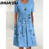 IHUASU 30 Color Pleated Midi Dress Short Sleeve Round Neck Loose Hem Mid-Calf Length Women Floral A-Line Party Dress Casual Wear