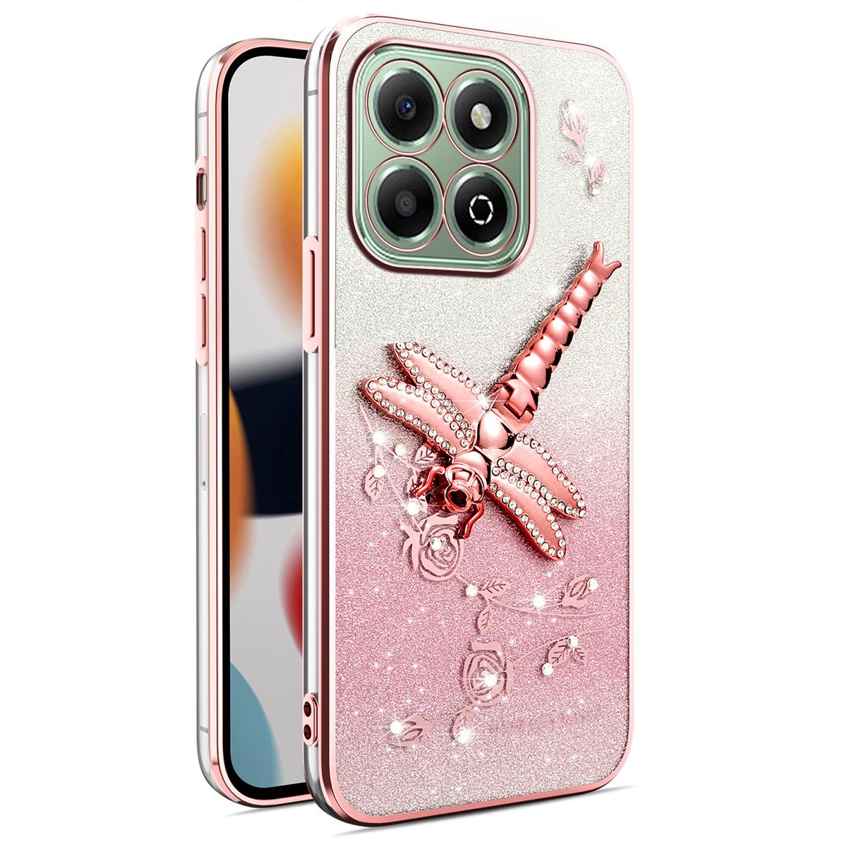 

KADEM For Honor X6b 4G Case Dragonfly Kickstand TPU Flowers Glitter Phone Cover Pink