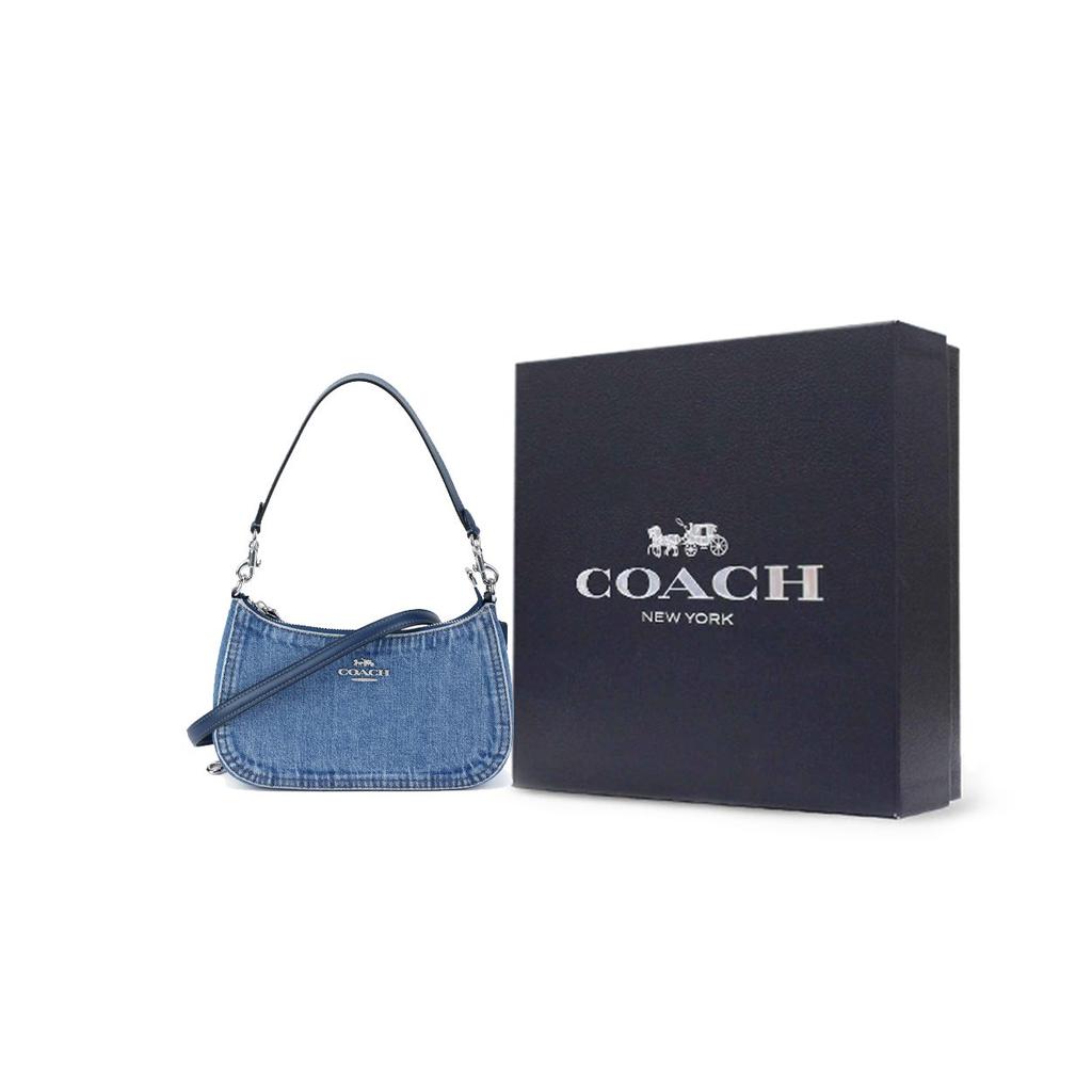 Coach Teri 25 Catena Argentata Logo in Tessuto Borsa a Spalla Media Donna Borsa a Spalla Blu CAK35-SVIN