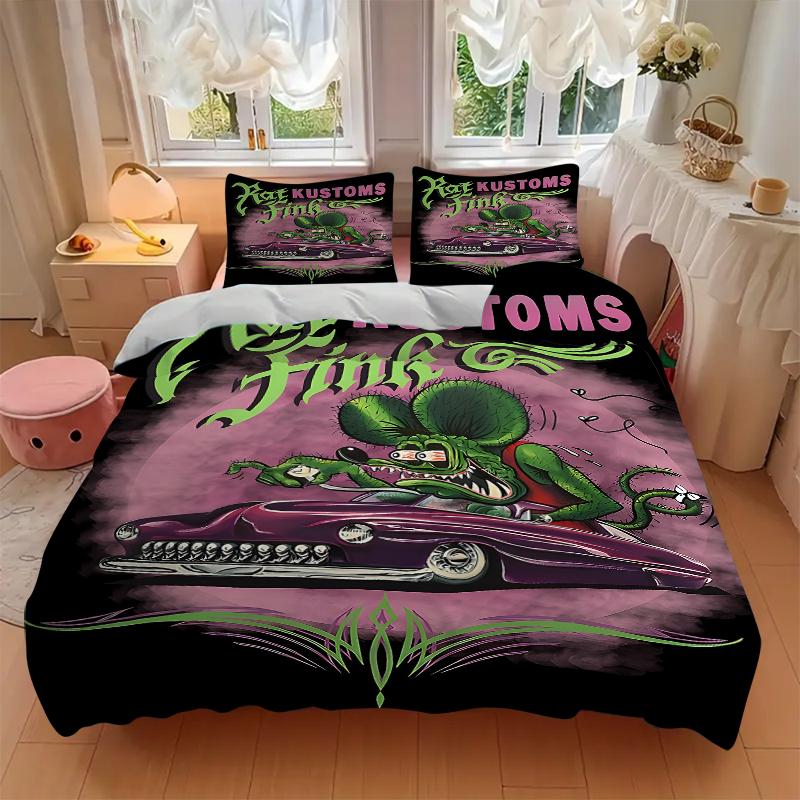 3Pcs Rat Fink Kustoms Artwork Bedding Set Soft Fabric Duvet Cover Pillowcases Christmas Xmas Halloween Gift 1 Duvet Cover 2 Pillowcase L1335