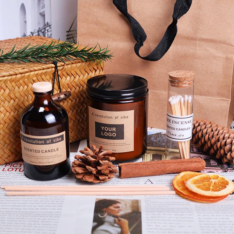 Scented Candle Glass Bottle Old-fashioned Extended Pole Match Wood Stem Creative High-end Bamboo Gift Box Fragrance Set