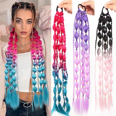 Long Bubble Ponytail Extensions Hair Tie Colorful Elastic Rubber Pony Tail Accessories for Women Girls Festival Party