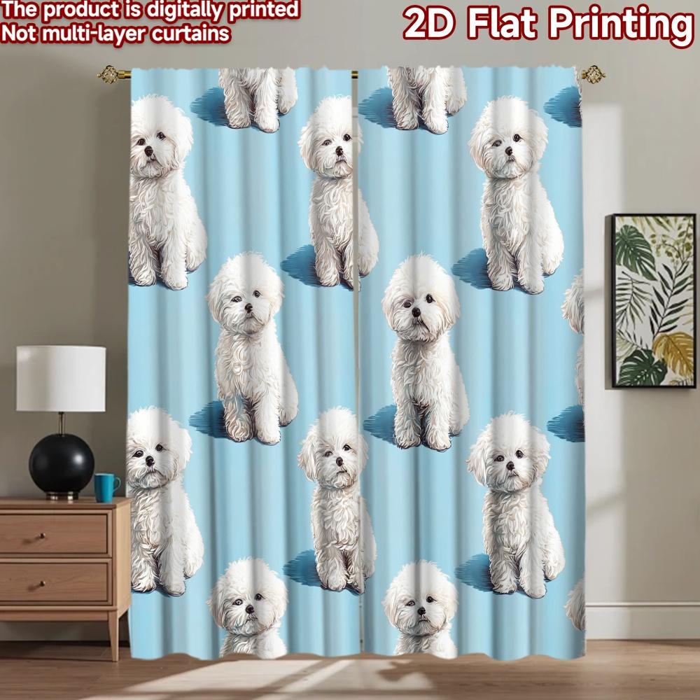 2D Flachdruck 2 Stück Vorhänge Niedliche Bichon Frisé Welpen Digital Bedruckte Polyester Vorhänge Ganzjahres Party- & Urlaubsdekoration für