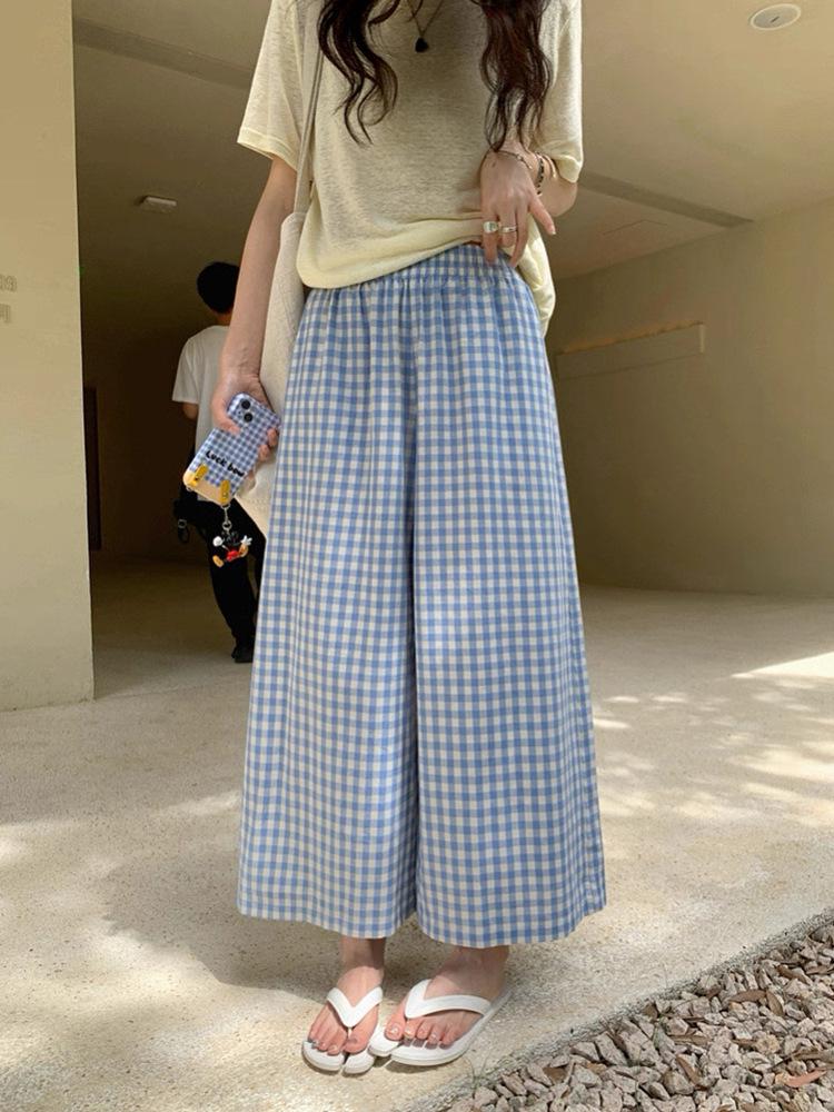 Wen Jiu Retro Wide-Leg Plaid Walking Pants - 2026 Elastic Waist Fashion Medium