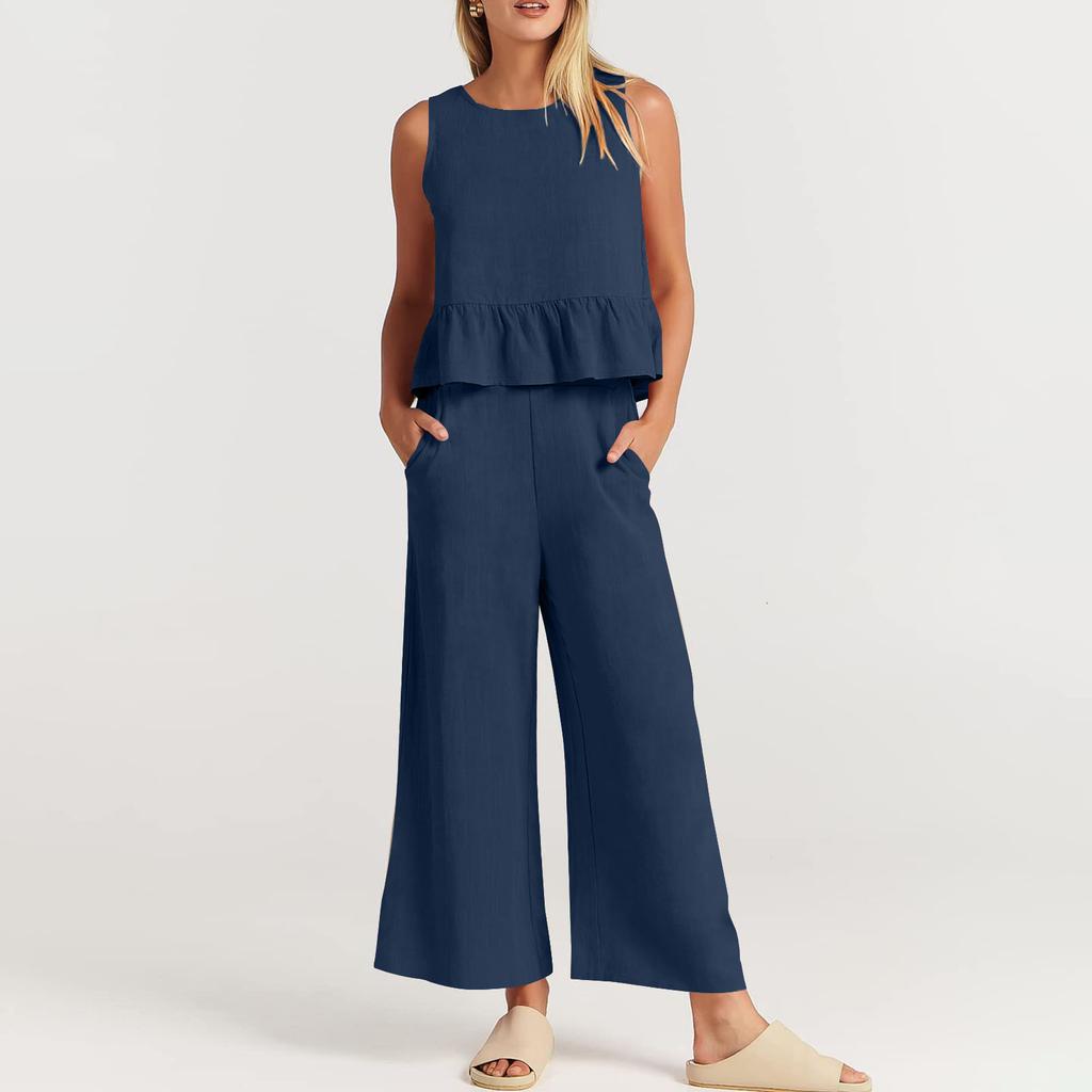 Conjunto de 2 piezas de verano para mujer, camiseta sin mangas con volantes, top corto y pantalones de pierna ancha, conjunto de salón con bolsillos