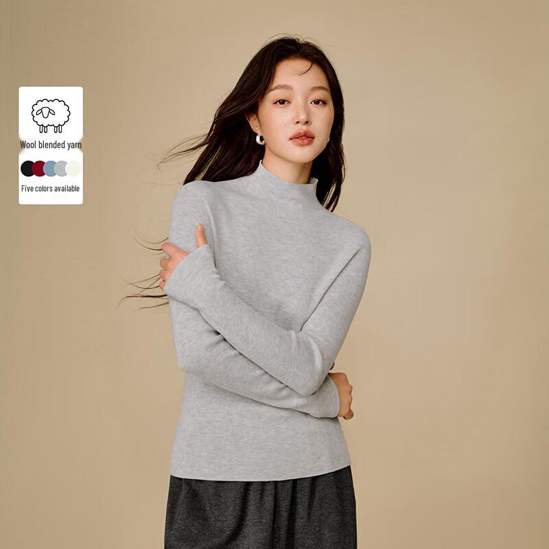 INMAN Women's Semi-High Collar Lamb Wool Blend Knit Sweater