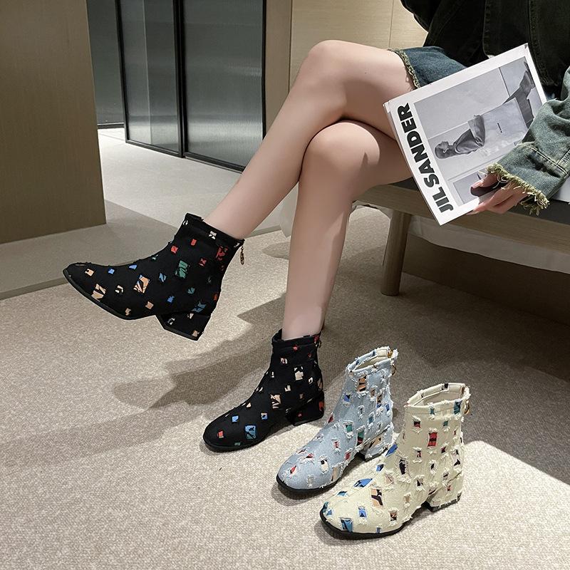 Spring and Autumn New Round Head Short Boots Thick Heel Denim Boots Martin Boots