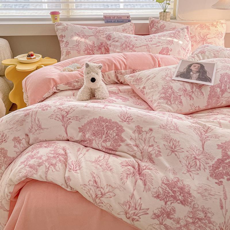 Thickened Milk Fleece Four-Piece Warm Coral Fleece Bed Sheet Quilt Cover Fleece Bedding Flannel