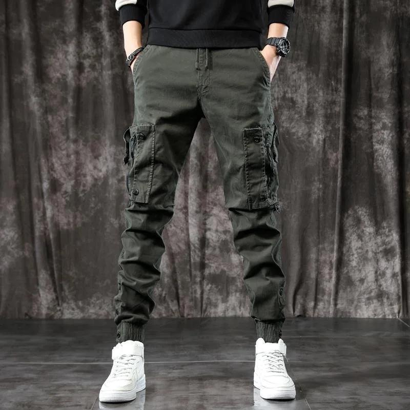 Trendy Men's Spring Autumn Cargo Pants Slim Fit Casual Style Loose Fit American Style Multiple Pocket Small Foot Pants Black