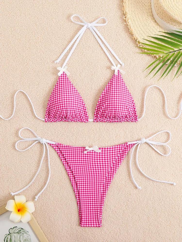 Sexy Bikini 2025 Swimwear Women's Swimsuit Butterfly Decor Checked Halter Thong Bikinis Sets Swimming for Beachwear Bathing Suit