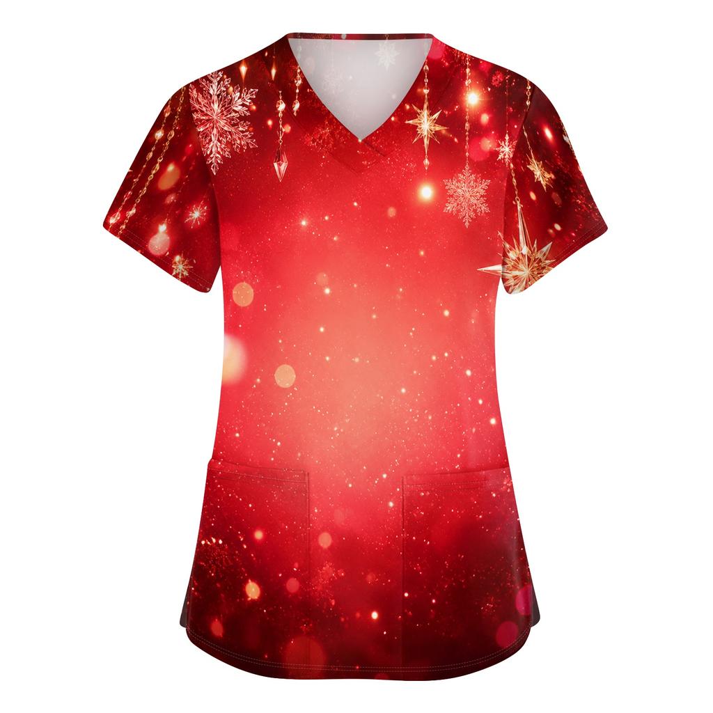 Women's V-Neck Scrub Top with Christmas Print Short Sleeve Pocket Side Slit Caregiver Uniform
