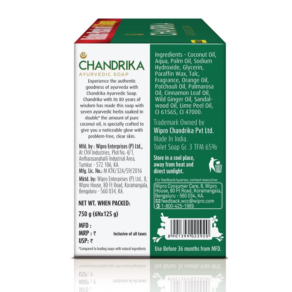 Chandrika Ayurvedic Classic Handmade Soap For Naturally Radiant Skin | Herbal Bath Bar With Coconut & Sandalwood Oils | (125g X 6N) Pack of 1