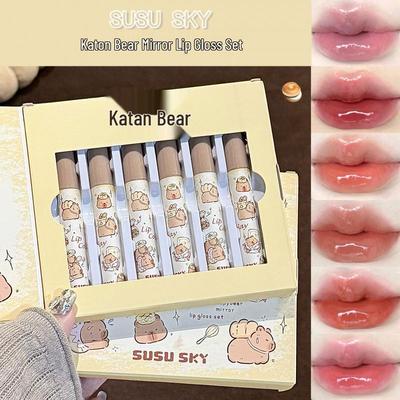 SUSU SKY Lip Glaze Gift Set: Moisturizing, Long-Lasting, Pigmented Lipsticks with Bear Mirror for Students