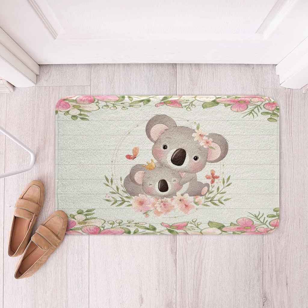Cartoon Koala Area Rug Kawaii Wild Animal Carpet Flower Floor Mat for Bathroom Living Room Backyard Non Slip Entrance Doormat