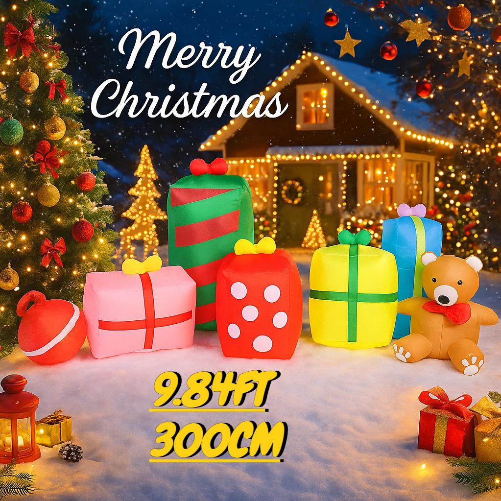 9.84FT Christmas Inflatable Toys Xmas Yard Lawn Party Decoration Gift Boxes Teddy Bear Home Supplies Ornament with LED Light