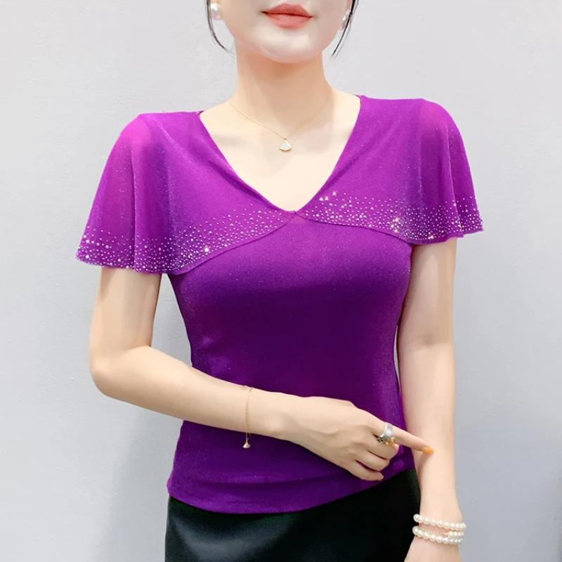 New European Women's T-Shirt Clothes Sexy V-Neck Chic Ruffles Hot Diamonds Tops Shirts Summer Short Sleeve Slim Mesh Tees