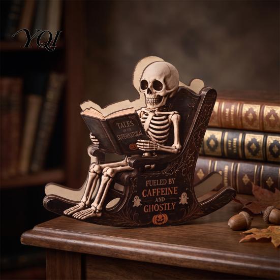 Spooky Bookshelf Ornament Halloween Rocking Chair Ghost/Skeleton Ornament, Wooden Desktop Decoration, Dynamic Skeleton Reader Decor Ghost Figurine for