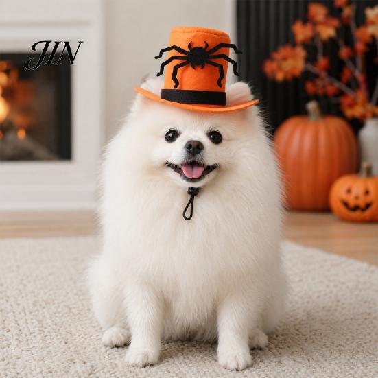 Halloween Pet Costume Accessory Cat Top Hat, Orange Dog Hat with Adjustable Strap, Comfortable Black Spider for Small Dogs Festive Party