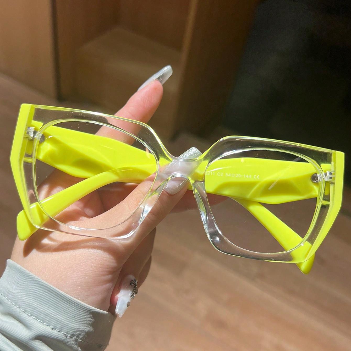 

1Pc Women s Fashionable Plain Glasses New Style Elegant Large Frame Personality Patchwork Leopard Print Design Trendy Christmas флуоресцентный желтый