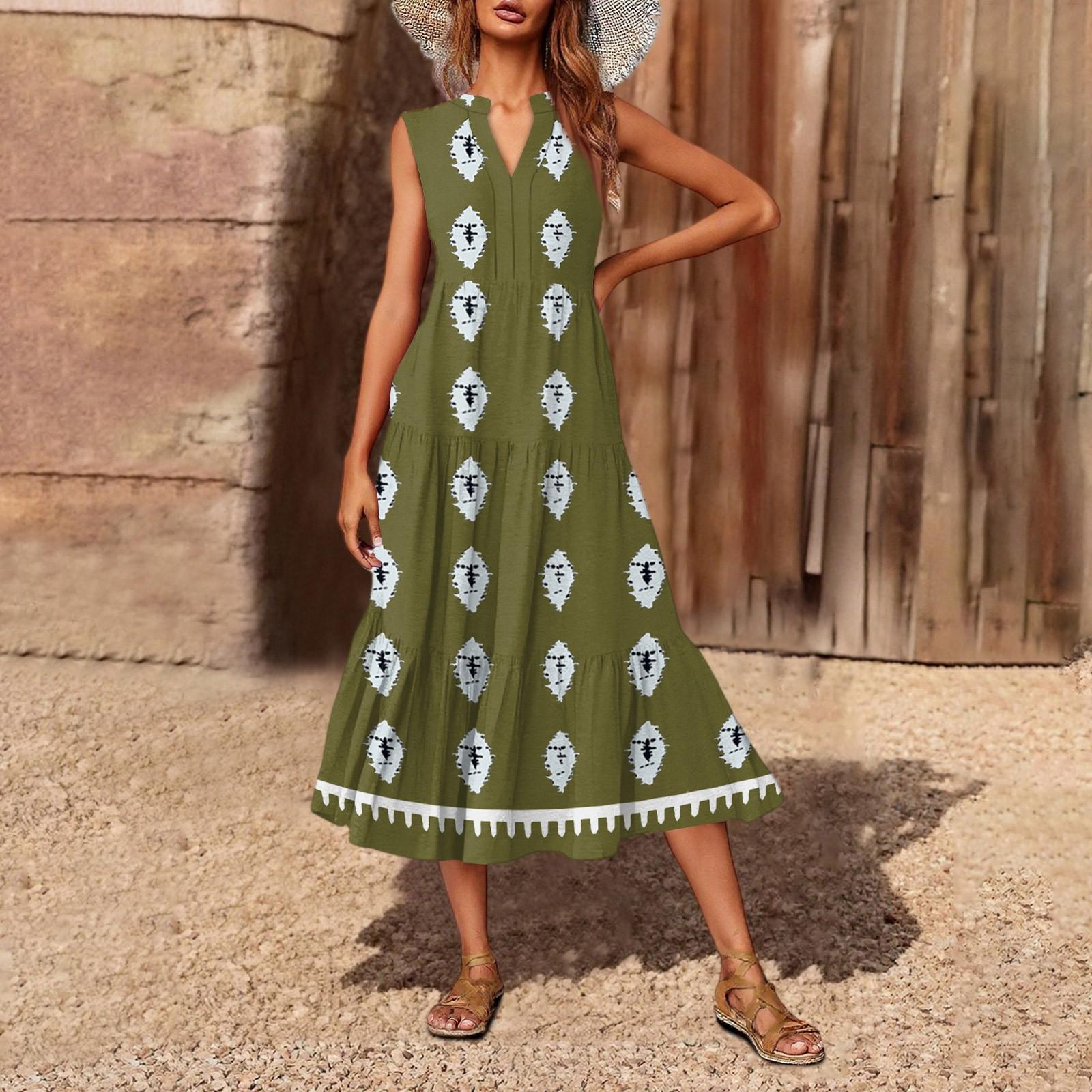 

Женское повседневное и модное платье средней длины с V-образным вырезом без рукавов и принтом L