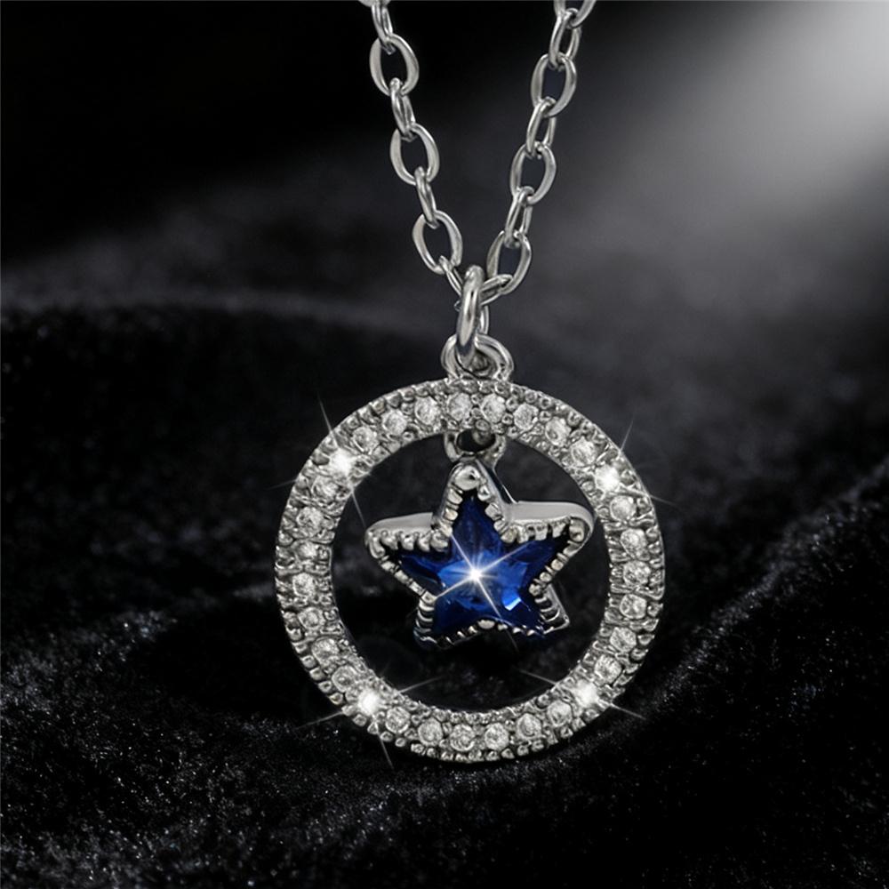 Cute Female White Blue Zircon Stone Star Pendant Necklace Vintage Silver Color Wedding  For Women
