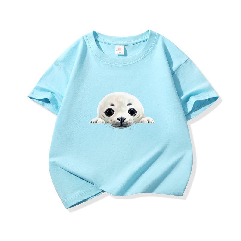 Kids Cotton T Shirt Cute Peeking Seal Print Crew Neck Short Sleeve Tee Casual Breathable Boys Girls Summer Tops