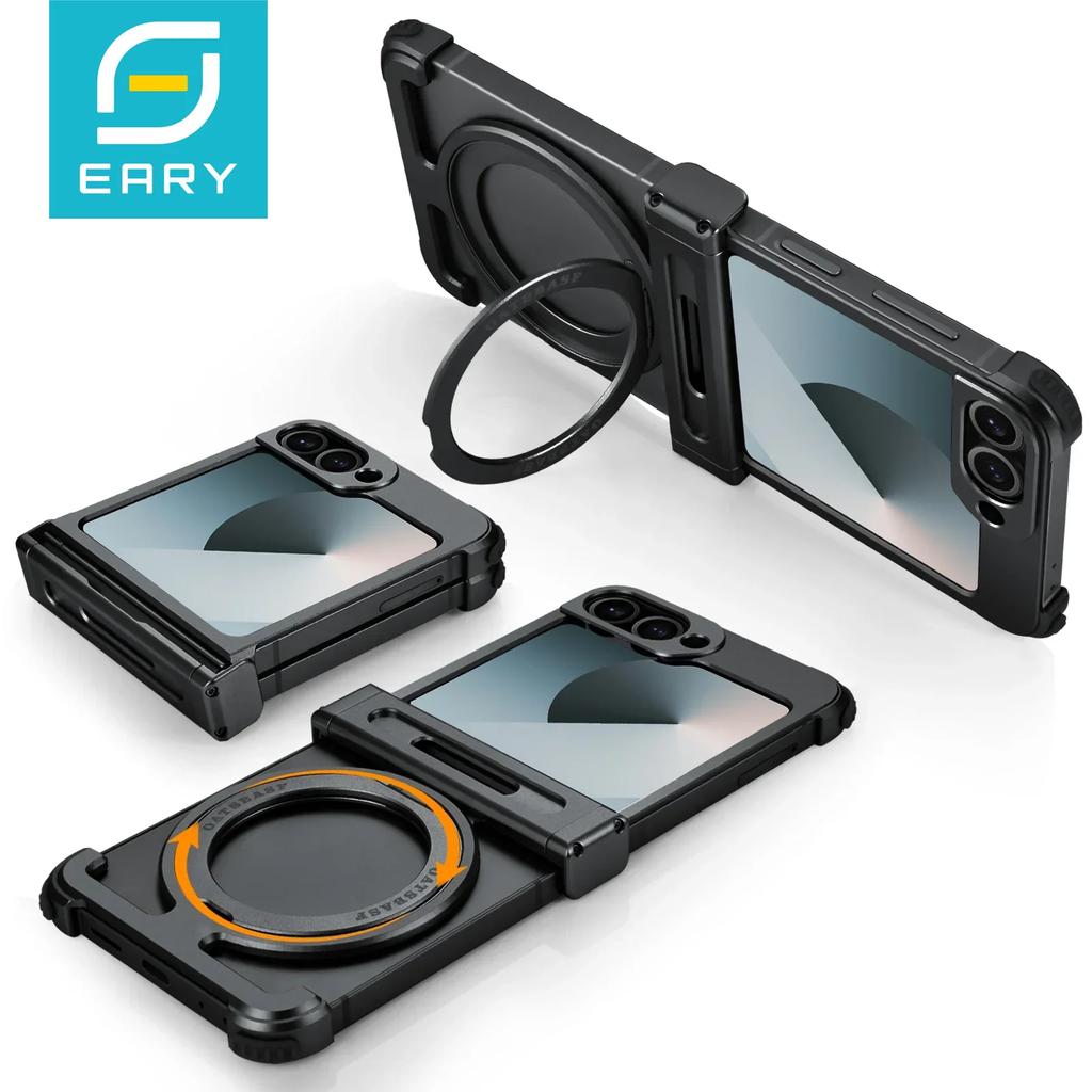 Eary for Samsung Galaxy Z Flip 7 6 Phone Case with Magsafe Wireless Charging 360°Rotatable Stand Built-in Front Screen Protector