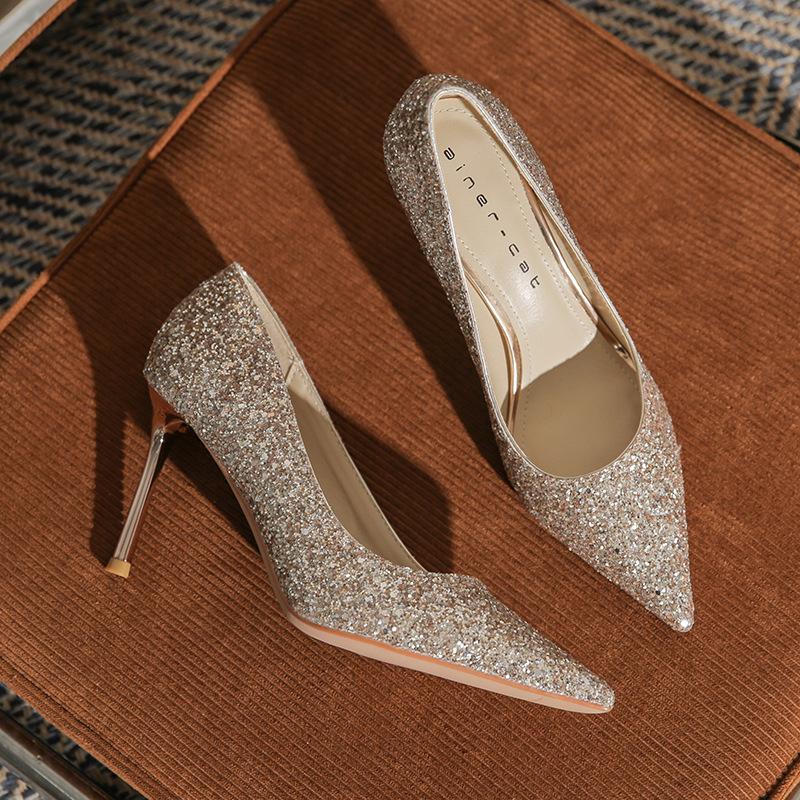 

8819 French pointed high heels women s 2025 new crystal sequined wedding shoes silver bridesmaid shoes stiletto shoes 39