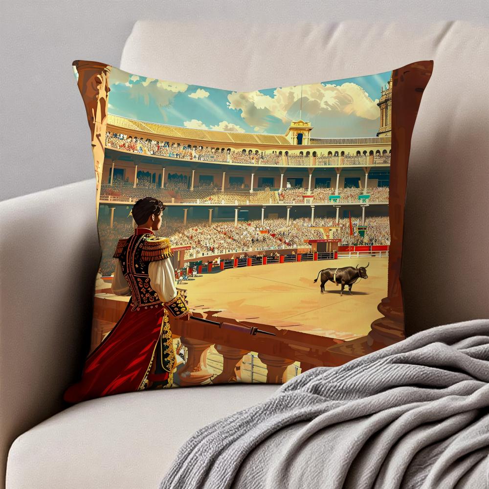 Spanish Running of the Bulls Cushion Cover Pillowcase Antidustmite Invisible Zipper Short Plush Sofa Cushion